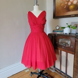 Vintage 1950's Red Chiffon Party Prom Dress Medium